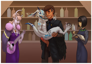 anthro book border carrying_another clothed clothed/nude clothed_female clothed_human clothed_humanoid clothed_male clothing ear_piercing ear_ring erection feet female female_on_human flat_chested genitals group horn human_on_anthro humanoid_pointy_ears imminent_sex interspecies lute male male/female male_on_anthro musical_instrument nude nude_anthro nude_female penis penis_poking_out piercing plucked_string_instrument pointy_ears ring_piercing string_instrument tail toes white_border w4g4 horned_humanoid human humanoid kobold mammal scalie 2019 hi_res