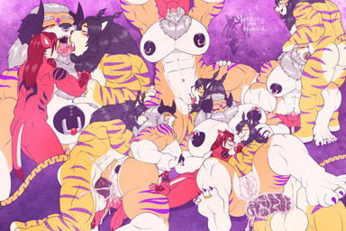 5_toes abs andromorph anthro barefoot big_muscles big_pecs birthday black_hair bodily_fluids cum cum_in_vagina cum_inside cunnilingus diamond_(marking) feet genital_fluids gold_(metal) gold_tooth group group_sex hair horn huge_pecs intersex intersex/male kissing male male/male markings montage muscular muscular_andromorph muscular_anthro muscular_intersex muscular_male muscular_thighs nipple_piercing nipples oral pecs piercing purple_eyes red_eyes red_hair sex size_difference striped_body stripes tattoo threesome toes trio vaginal white_hair crimsonmercury7192 darius_leogator mercury_(character) modem_(character) canid canine canis felid feline hybrid lion lynx mammal pantherine tiger wolf
