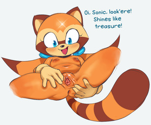 anthro anus blush butt female genitals nipples nude open_mouth simple_background smile solo speech_bubble spread_legs spread_vulva spreading tail text vulva white_background young young_anthro young_female omegahaunter sega sonic_the_hedgehog_(series) marine_the_raccoon mammal procyonid raccoon 2026 english_text