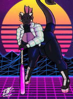 1980s_theme anthro baseball_bat bat_(object) big_breasts black_body black_lips black_skin blue_eyes boots bottomwear breasts bulge claws clothed clothing detailed_bulge footwear gynomorph half-closed_eyes high_heeled_boots high_heels holding_object holding_weapon horn intersex jacket lips looking_at_viewer melee_weapon narrowed_eyes neutral_expression platform_footwear platform_heels raised_tail shirt shoes solo standing synthwave tail toeless_heels topwear weapon victhetiger mythology dragon mythological_creature mythological_scalie scalie 2023 absurd_res hi_res
