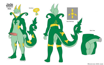 anthro blue_eyes collar front_view genitals green_hair hair jewelry male medallion necklace nude penis rear_view solo tapering_penis text winick-lim nintendo pokemon jade_the_serperior generation_5_pokemon pokemon_(species) reptile scalie serperior snake 2024 english_text hi_res model_sheet