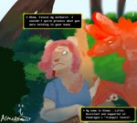 anthro balloon_animal dialogue duo female forest forest_background gesture giman.l.latter_(armedantagonist) glistening hair handshake looking_at_another lore male nature nature_background orange_body pink_hair plant stern_look text tree tuft armedantagonist bible bear humanoid mammal english_text hi_res