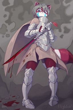 abstract_background anthro armor blood blood_on_armor blood_on_object blood_on_weapon bodily_fluids cloak clothing female knight looking_at_viewer melee_weapon solo sword warrior weapon flightov mika_zixien ailurid mammal red_panda absurd_res hi_res