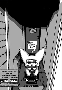 4_eyes answer anthro bell choices collar dialogue fangs gold_(metal) male multi_eye question solo star teeth pixmeer meer_(pixmeer) domestic_cat felid feline felis mammal hi_res