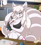 9_tails abs anthro bangs big_breasts big_tail blue_eyes breasts brush clothing container curvy_anthro curvy_female curvy_figure ear_tuft female figurine fluffy fluffy_tail focused fur g-string grey_body grey_fur hair hourglass_figure hourglass_figured_anthro hourglass_figured_female inner_ear_fluff jar living_room long_hair low_pants multi_tail paint paintbrush pallet plant shirt small_waist solo tail tank_top tongue tongue_out topwear tuft underwear wide_hipped_anthro wide_hipped_female wide_hips mastergodai nintendo pokemon alolan_form alolan_ninetales canid canine fox fox_spirit generation_1_pokemon generation_7_pokemon mammal pokemon_(species) regional_form_(pokemon) 2022