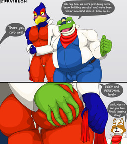 after_sex anthro beak big_penis blue_body blush bodily_fluids bulge butt butt_grab clothing cum cum_leaking_from_ass dialogue duo eyes_closed genital_fluids genitals green_body hand_on_butt leaking_cum looking_away male male/male overweight overweight_male pecs penis text wet wet_clothing pizzaozzy nintendo star_fox falco_lombardi fox_mccloud slippy_toad amphibian avian bird canid canine fox mammal comic english_text hi_res