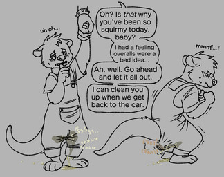 anthro bodily_fluids clothing dialogue duo feces genital_fluids hand_holding male mostly_offscreen_character overalls simple_background soiling soiling_bottomwear speech_bubble text urine watersports wetting_bottomwear ashtrayguts mammal mustelid otter unknown_species english_text