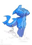 2020 anthro biceps blue_body blue_scales breasts cleavage cliff clothed clothing conditional_dnp crossed_arms empty_eyes female fish jollyjack kaiju lighthouse macro marine muscular muscular_anthro muscular_arms muscular_female muscular_legs non-mammal_breasts pecs restricted_palette scales sea shark solo water white_eyes
