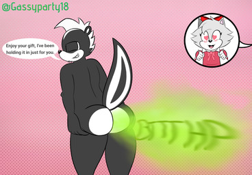 anthro black_body blush blush_lines bow_ribbon bubble_butt butt butt_focus clothed clothed_female clothing duo eyes_closed fart fart_cloud fart_fetish female gloves green_fart_cloud grey_body hair handwear happy heart_eyes heart_symbol holding_butt looking_at_another male male/female male_farting markings mohawk nude_male presenting presenting_hindquarters striped_body striped_markings striped_tail stripes tail tail_markings talking_to_another white_hair supersonicparty18 sega sonic_the_hedgehog_(series) fan_character simon_(supersonicparty18) domestic_cat felid feline felis mammal mephitid skunk hi_res