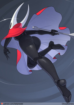 black_body butt clothed clothing female holding_melee_weapon holding_object holding_weapon low-angle_view melee_weapon no_underwear solo text weapon chrysalisdraws hollow_knight_(franchise) team_cherry hornet_(hollow_knight) arthropod hi_res url