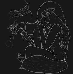 ambiguous_gender anal anthro bent_over breath clothed clothing dipstick_tail duo ears_back feet hair humanoid_feet internal intersex intersex/male intersex_penetrating intersex_rimming_male larger_intersex long_hair male male_penetrated markings oral penetration pivoted_ears plantigrade pwpads raised_clothing raised_shirt raised_topwear rimming sex shirt sitting sitting_on_ground size_difference smaller_penetrated standing tail tail_markings tail_over_face topwear vixx vixx_(character) canid canine fox island_fox mammal urocyon digital_drawing_(artwork) digital_media_(artwork) hi_res line_art monochrome signature herm_(lore)