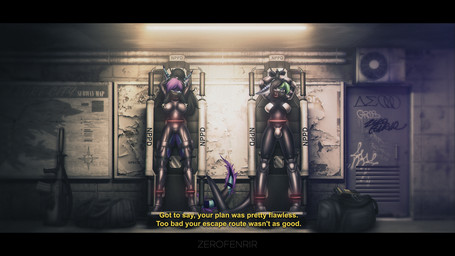 anthro assault_rifle bag clothing combat_suit duffel_bag duo female gag graffiti gun gynomorph intersex ranged_weapon restrained restrained_arms rifle skinsuit text tight_clothing weapon zerofenrir evelyn_(selinmalianis) exenthal fish marine shark english_text hi_res