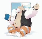 anthro belly bottomwear clothing container cup eyes_closed humanoid_hands male navel overweight overweight_anthro overweight_male pants sitting solo bernie_burr breeze_in_the_clouds pile_(breeze_in_the_clouds) american_black_bear bear black_bear kermode_bear mammal ursine 2021 hi_res