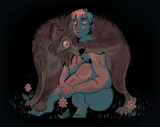 ambiguous_gender bite blood bodily_fluids body_hair claws duo ear_piercing ear_ring feet feral flower grass hair leg_hair nude orange_eyes paws piercing plant ring_piercing scar self-harm short_hair sitting tail teeth toes palabarian the_magnus_archives alice_tonner avatar_(tma) canid canine canis entity_(tma) human hunt_(tma) mammal wolf hi_res
