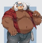 anthro anthrofied axe belly big_belly bottomwear brown_body bulge clothed clothing hat headgear headwear kemono lumberjack male moobs musclegut muscular navel nipples open_clothing open_shirt open_topwear overweight overweight_male pants shirt simple_background solo topwear tusks o-ro nintendo pokemon generation_4_pokemon mamoswine pokemon_(species) 2024 hi_res