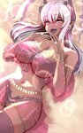 big_breasts blush bokeh breasts cleavage clothed clothing dark_body dark_skin female hair horn iridescent iridescent_hair long_hair not_furry pillow solo translucent translucent_clothing hanariel karin_(hanariel) horned_humanoid humanoid 5:8 hi_res