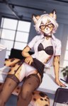 anthro black_body black_fur bra clothed clothing eyewear female female_anthro fur garter_straps glasses hair legwear lingerie markings multicolored_body multicolored_fur panties solo spots spotted_body spotted_fur spread_legs spreading stockings tan_body tan_fur underwear upskirt white_body white_fur white_hair personalami aurora_(spacecamper) cheetah felid feline mammal 2024 digital_media_(artwork) hi_res