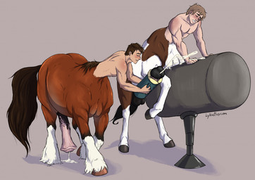 animal_genitalia animal_penis assisted_masturbation balls big_penis bodily_fluids breeding_mount brown_body colorado_style_artificial_vagina cum cum_drip cumshot dripping duo ejaculation equine_genitalia equine_penis erection eyes_closed from_behind_position fuck_bench fur genital_fluids genitals grey_background helping holding_object holding_penetrable_sex_toy holding_sex_toy hooves male male/male male_taur mounting nude_male penetrable_sex_toy penis penis_in_sex_toy sex sex_toy simple_background standing taur_on_taur white_body white_fur lykostherium european_mythology greek_mythology mythology centaur equid equid_taur equine equine_taur horse horse_taur humanoid_taur mammal mammal_taur taur