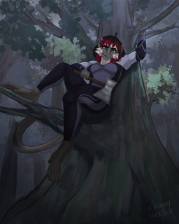 alternate_species anthro axe barefoot black_hair bodysuit breasts cheek_tuft clothed clothing detailed_background facial_tuft feet female fully_clothed fur furrification green_eyes grey_body grey_bodysuit grey_clothing grey_fur grey_skinsuit hair highlights_(coloring) holding_axe holding_object in_tree looking_down outside plant red_highlights sitting skinsuit solo tail tight_clothing tree tuft white_body white_fur chorny_vasiliok the_hunger_games johanna_mason capuchin_monkey cebid haplorhine mammal monkey new_world_monkey primate 2025 4:5 digital_drawing_(artwork) digital_media_(artwork) full-length_portrait hi_res portrait shaded soft_shading