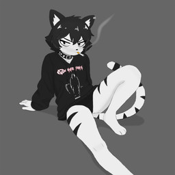 5_fingers anthro black_hair cigarette clothed clothing collar ear_piercing ear_ring female fingers frown fur hair hoodie panties piercing pointy_ears prick_ears ring_piercing shadow short_hair solo spiked_collar spikes striped_body striped_legs stripes topwear underwear white_body white_fur razval valeria_(razval) domestic_cat felid feline felis mammal 1:1 hi_res