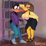 anthro beak bra breasts cleavage clothed clothing dress duo female flirting footwear high_heels lidded_eyes male male/female partially_clothed pink_bra pink_clothing pink_underwear presenting presenting_bra presenting_breasts shoes underwear undressing kersync looney_tunes the_looney_tunes_show warner_brothers daffy_duck tina_russo anatid anseriform avian bird duck 1:1 hi_res