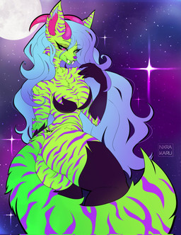anthro big_fangs blue_hair butt cheek_tuft clothed clothing cosmic_background eyelashes facial_tuft fangs female green_eyes hair horn long_hair markings moon narrowed_eyes pink_horn purple_nose purple_stripes solo space space_background striped_arms striped_breasts striped_legs striped_markings striped_tail stripes tail tail_markings teeth tuft norakaru hi_res