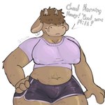 anthro big_breasts black_clothing bovid bovine breasts brown_body brown_fur cattle clothing dialogue ear_piercing female fur hi_res mammal palister35 piercing pink_clothing solo