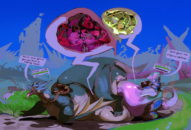 after_vore anthro belly big_belly gameplay_mechanics group gui health_bar huge_belly male object_in_stomach outside overweight simple_background text treasure_chest vore 80sarchosaur european_mythology mythology dinosaur dragon mythological_creature mythological_scalie prehistoric_species reptile scalie western_dragon wyvern 2021 english_text hi_res