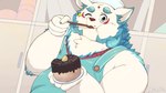 anthro apron belly blue_eyes cake candy chocolate chocolate_cake clothing dessert eating eyebrows food fur kerchief male one_eye_closed slightly_chubby solo thick_eyebrows white_body white_fur wink harumuname asian_mythology east_asian_mythology japanese_mythology lifewonders mythology tokyo_afterschool_summoners agyo_(tas) foo_dog komainu mammal yokai