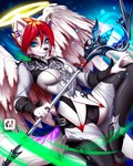 2018 4:5 5_fingers anthro black_nose blue_eyes breasts canid canine canis clothed clothing digital_drawing_(artwork) digital_media_(artwork) dragonfu feathered_wings feathers female fingers fox fur hair holding_object hybrid kira_sher looking_at_viewer mammal red_hair smile solo staff white_body white_feathers white_fur wings wolf