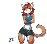 anthro biped blue_eyes boxer_briefs breasts clothing crossed_arms female female_anthro fur hair orange_body orange_fur pajamas pose red_hair solo spreading underwear bluecoffeedog amber_(bluecoffeedog) domestic_cat felid feline felis mammal hi_res