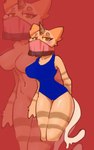 anthro bedroom_eyes blue_clothing blue_swimwear blush breasts brown_eyes clothing female horn mouth_covered narrowed narrowed_eyes nude one-piece_swimsuit seductive simple_background slime_tail solo striped_legs swimwear unicorn_horn yellow_sclera holp knowledge_mixing unicat domestic_cat felid feline felis mammal hi_res