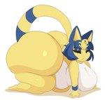 anthro big_breasts big_butt blue_hair bottomless breasts butt clothed clothing female frown hair huge_breasts huge_butt huge_thighs hyper hyper_butt kneeling looking_at_viewer narrowed_eyes shirt solo thick_thighs topwear yellow_body arizonathevixen animal_crossing nintendo ankha_(animal_crossing) domestic_cat felid feline felis mammal absurd_res hi_res