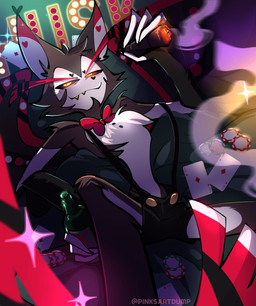 4_fingers ace_of_diamonds anthro bedroom_eyes beer_bottle black_body black_fur black_sclera bottle bow_tie card cigar claws container feathered_wings feathers finger_claws fingers fluffy fluffy_chest fur holding_cigar holding_object long_tail looking_at_viewer lying male multicolored_body multicolored_fur narrowed_eyes on_back playing_card poker_chip seductive smile snaggle_teeth solo suspenders tail text two_tone_body two_tone_fur white_body white_fur wings yellow_eyes pinksartdump hazbin_hotel hellaverse husk_(hazbin_hotel) cat_demon demon domestic_cat felid feline felis mammal 2025 absurd_res artist_name digital_drawing_(artwork) digital_media_(artwork) hi_res watermark