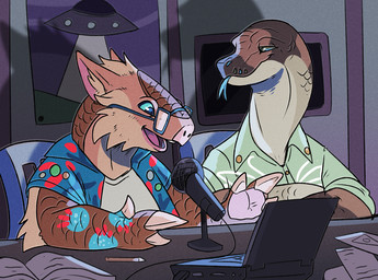 anthro arm_markings blue_clothing blue_eyes blue_tongue blue_topwear brown_body brown_scales chair cheek_tuft clothing computer duo electronics facial_tuft forked_tongue fur furniture glistening glistening_eyes inner_ear_fluff laptop male markings microphone narrowed_eyes open_mouth orange_body orange_fur pink_inner_ear pink_tongue red_markings scales sitting tan_body tan_fur tan_inner_ear_fluff tongue tongue_out topwear tuft swampjaws