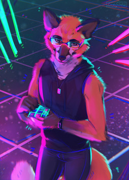 anthro bottomwear clothed clothing eyewear fur glasses looking_at_viewer male orange_body orange_fur pants pink_lighting sleeveless_hoodie smile solo standing synthwave whiskers white_body white_fur lostgoose canid canine fox mammal 2022 digital_media_(artwork) hi_res portrait signature three-quarter_portrait