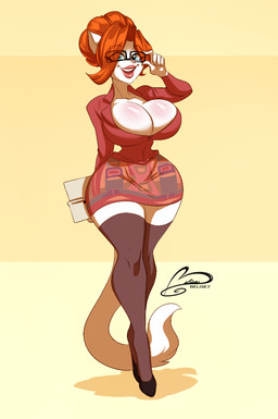 anthro big_breasts blue_eyes bottomwear breasts clothing collared_shirt dress_shirt dress_shoes exposed_cleavage eyewear fashion female fur glasses hair huge_breasts legwear miniskirt red_hair shirt skirt solo stockings tail topwear white_body white_fur ooo-belise-ooo ivy_stelida american_mink mammal mink mustelid musteline neovison true_musteline hi_res