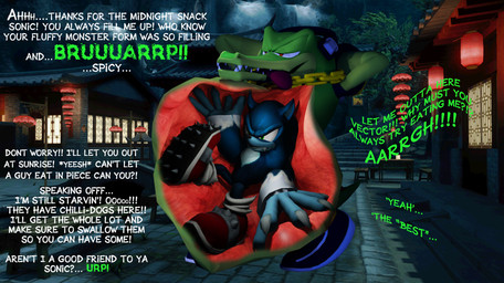 abdominal_bulge annoyed anthro black_clothing black_footwear black_shoes black_sneakers blue_body blue_fur chain clothing dialogue duo electronics footwear fur gold_(metal) gold_chain green_body green_eyes green_scales hands_behind_head headphones internal looking_pleasured male male_pred male_prey narrowed_eyes night outside public red_clothing red_footwear red_shoes red_sneakers scales shoes sneakers struggling struggling_prey text tongue tongue_out vore yellow_eyes vorefan16 sega sonic_the_hedgehog_(series) sonic_unleashed sonic_the_hedgehog sonic_the_werehog vector_the_crocodile crocodile crocodilian eulipotyphlan mammal reptile scalie werecreature wereeulipotyphlan werehog 2021 3d_(artwork) digital_media_(artwork) english_text hi_res