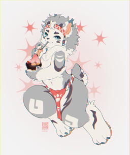 abstract_background anthro blue_eyes bottomwear chibi clothed clothing dessert ear_piercing ear_ring food fur glistening glistening_eyes grey_body grey_fur grey_hair hair horn ice_cream loincloth looking_at_viewer male mouth_closed piercing ring_piercing small_horn solo topless white_body white_fur sonyan full-length_portrait hi_res portrait