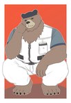 anthro belt brown_body brown_fur clothing crouching fur jumpsuit kerchief male neck_tuft solo tuft white_clothing zipper penguin0700 mihoyo zenless_zone_zero li_(zenless_zone_zero) bear mammal absurd_res hi_res