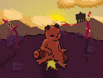 2_toes 3_fingers animal_genitalia backlighting black_eyes black_nose blush blush_lines bodily_fluids brown_ears building cliff cliffside_(terrain) cloud ears_front eyes_closed feet fingers food foot_markings fur genital_fluids genital_slit genitals hand_on_ground intersex leg_markings light looking_at_genitalia looking_down maleherm markings nude orange_body orange_skin orange_tail pawpads paws peeing_on_ground pivoted_ears plant popcorn popcorn_plant shadow sky skyscape solo sun sun_behind_character sunlight sunset super_structure tail tail_markings text toes urine urine_on_ground vulva nonassociatedidiot rain_world videocult ambulant_(nonassociatedidiot) mammal slugcat 2025 4:3 artist_name colored digital_drawing_(artwork) digital_media_(artwork) english_text lighting shaded