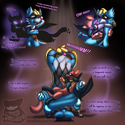 anthro anthro_to_inanimate bite black_legs blonde_hair blue_body chair dialogue duo furniture furniture_transformation hair inanimate_transformation male pink_nose red_body silhouette text throne transformation posexe nintendo pokemon animate_inanimate generation_4_pokemon generation_7_pokemon hybrid living_furniture pokemon_(species) popplio riolu vampire 1:1 2022 digital_media_(artwork) english_text hi_res story story_in_description watermark