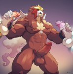 abs anthro balls barazoku biceps big_muscles big_pecs brown_body brown_fur cuffs_(clothing) digital_media_(artwork) disembodied_penis entei fur generation_2_pokemon genitals glans hair hand_on_penis hi_res humanoid_genitalia humanoid_penis legendary_pokemon looking_at_viewer male male/male mammal muscular muscular_anthro muscular_male nintendo nipples nude open_mouth pecs penis pokemon pokemon_(species) raikou red_eyes simple_background solo_focus suicune voviat