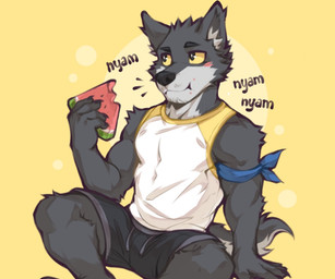 5_fingers anthro blush blush_lines bottomwear cheek_tuft clothing eating facial_tuft fingers food fruit fur hand_on_ground inner_ear_fluff male melon mouth_closed multicolored_body multicolored_fur muscular muscular_arms muscular_legs muscular_male onomatopoeia plant pointy_ears seed shirt shorts simple_background sitting sitting_on_ground solo sound_effects text topwear tuft watermelon watermelon_slice yellow_background flunky flunky_(character) canid canine canis mammal wolf