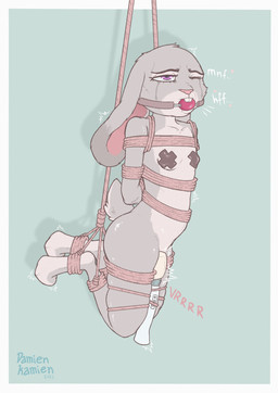 anthro ball_gag bdsm bodily_fluids bondage bound breasts crying ears_up eyebrows eyes_closed female fur gag gagged grey_body grey_fur half-closed_eyes hands_behind_back heart_symbol hitachi_magic_wand moan narrowed_eyes nude orgasm orgasm_face pasties pink_nose purple_eyes restraints rope rope_bondage rope_harness sex_toy shaking solo sticker tears teeth text toy vibrator wand_vibrator damienkamien disney hitachi zootopia judy_hopps lagomorph leporid mammal rabbit absurd_res hi_res