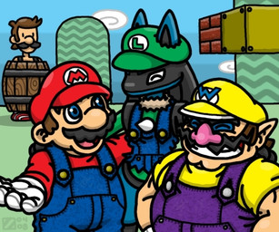 ambiguous_gender anthro barrel black_body black_facial_hair black_mustache blue_body blue_clothing blue_overalls brown_hair chest_spike clothed clothed_ambiguous clothed_anthro clothed_human clothed_male clothing cloud eyes_closed facial_hair fully_clothed fully_clothed_human fully_clothed_male green_cap green_clothing green_shirt green_topwear group hair hand_on_shoulder hat headgear headwear male mustache open_mouth open_smile outside overalls purple_clothing purple_overalls red_cap red_clothing red_shirt red_topwear shirt sky smile spikes spikes_(anatomy) tan_body tan_skin topwear yellow_cap yellow_clothing yellow_hat yellow_headwear yellow_shirt yellow_topwear professorhazard mario_bros nintendo pokemon luigi mario wario generation_4_pokemon human lucario mammal pokemon_(species) 2018 6:5 digital_drawing_(artwork) digital_media_(artwork) brother_(lore) brothers_(lore) sibling_(lore) twins_(lore)