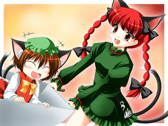 4_ears accessory bonnet bottomwear bow_ribbon braided_hair brown_hair clothing dress duo eyes_closed female green_bonnet green_clothing green_dress green_headwear green_mobcap hair hair_accessory hair_bow hair_ribbon headgear headwear human_and_animal_ears mobcap multi_ear open_mouth open_smile pigtails red_bottomwear red_clothing red_eyes red_hair red_skirt red_topwear red_vest ribbons shirt skirt smile topwear twin_braids twintails_(hairstyle) vest wheelbarrow white_clothing white_shirt white_topwear kamiya_tomoe asian_mythology east_asian_mythology japanese_mythology mythology touhou chen_(touhou) rin_kaenbyou animal_humanoid cat_humanoid felid felid_humanoid feline feline_humanoid humanoid mammal mammal_humanoid nekomata yokai 2008 4:3