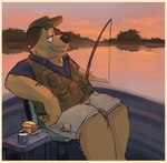 anthro beverage black_clothing black_eyes black_nose black_shirt black_topwear boat border bottomwear brown_body brown_ears brown_fur calm can clothed clothing container fishing fishing_rod fur green_clothing green_hat green_headwear green_topwear green_vest grey_bottomwear grey_clothing grey_shorts half-closed_eyes hat headgear headwear lake male narrowed_eyes outside pie_(food) plate shirt shorts sitting smile solo sunset topwear vehicle vest water watercraft yellow_border shaibey bluey_(series) sparky_(bluey) canid canine canis domestic_dog mammal mastiff molosser 2024 digital_media_(artwork) hi_res procreate_(artwork)