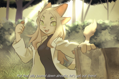 4_ears 4_eyes anthro black_clothing black_skinsuit circle_eyebrows clothing coat dialogue eyebrows fangs female first_person_view forest fur gesture green_eyes hair hand_gesture holding_object lab_coat light light_beam long_hair looking_at_viewer multi_ear multi_eye open_mouth pink_nose plant pointing pupils skinsuit solo sunbeam sunlight tail tail_tuft talking_to_viewer tan_body tan_fur tan_hair teeth tight_clothing topwear tree tuft whiskers white_pupils tateoftot sabi_(tateoftot) alien felid mammal 3:2 hi_res