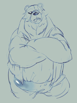 anthro clothing crossed_arms erection erection_under_clothing eye_scar facial_scar frown grey_background jacket male overweight overweight_male scar simple_background solo topwear lewdhank mihoyo zenless_zone_zero ben_bigger bear mammal thiren 2025 hi_res line_art